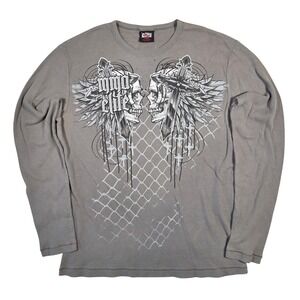 MMA Elite Mens XL Gray Waffle Knit Thermal Graphic Y2k Shirt Skulls Crosses Punk